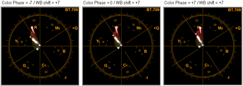 Fig. 1a: WB Shift = +7, Color Phase = -7/0/+7, Color Level = +2